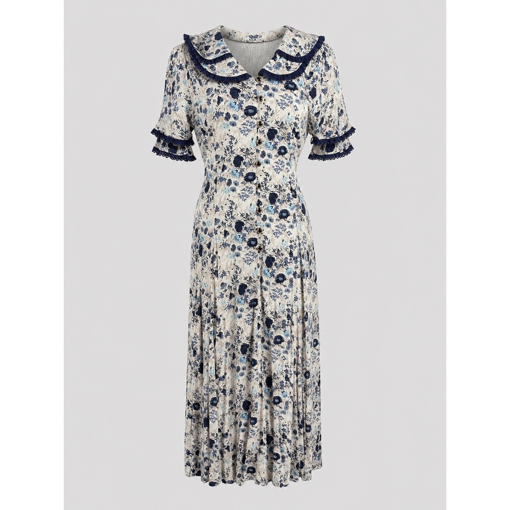 Vintage Floral Maxi Dress Blue Cream Lace Trim Peter Pan Collar Button Front Tie